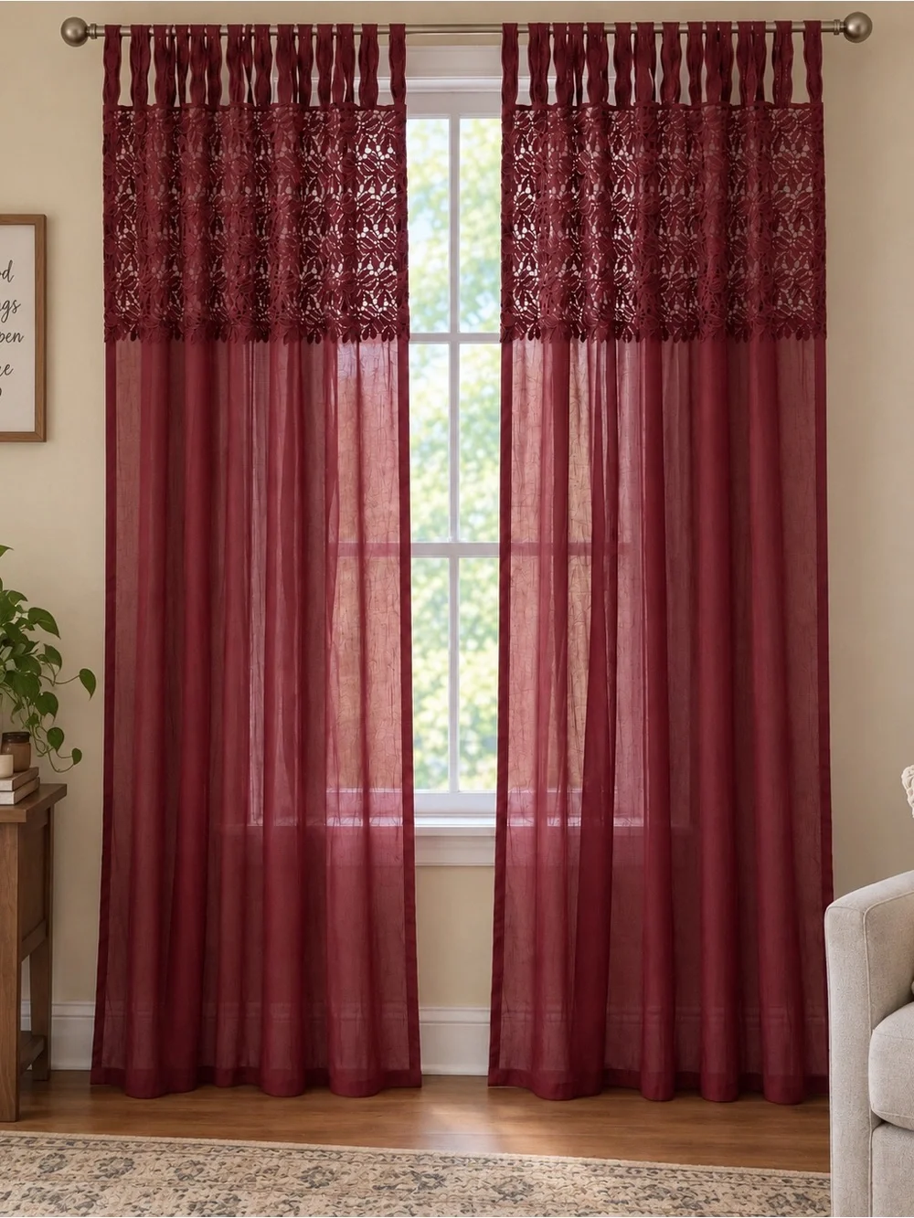 Vintage Burgundy Embroidered Semi-Sheer Curtains 52x84 Set of 2